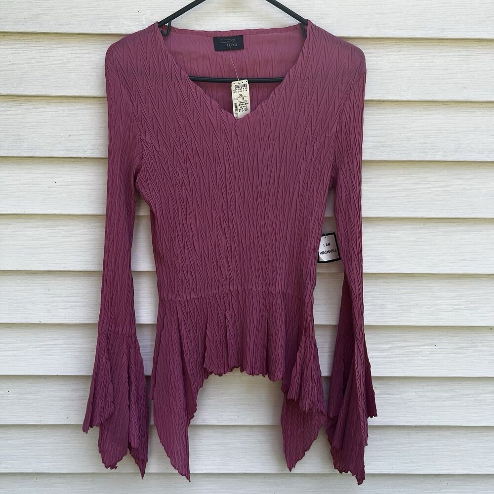 Y2K VTG Rag Pink Magenta Pleated Crinkle Blouse Bell Sleeve Fairycore Witchy M